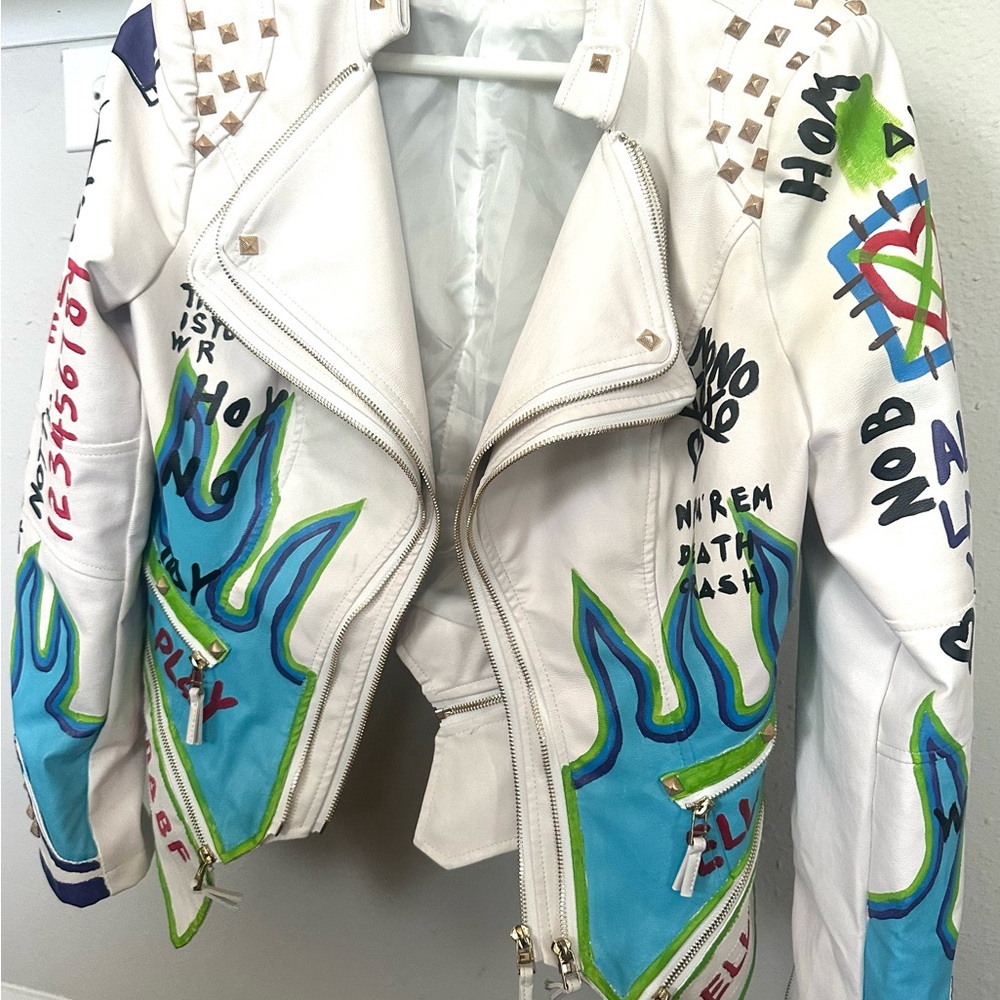 White Graphic Leather Jacket - image 1